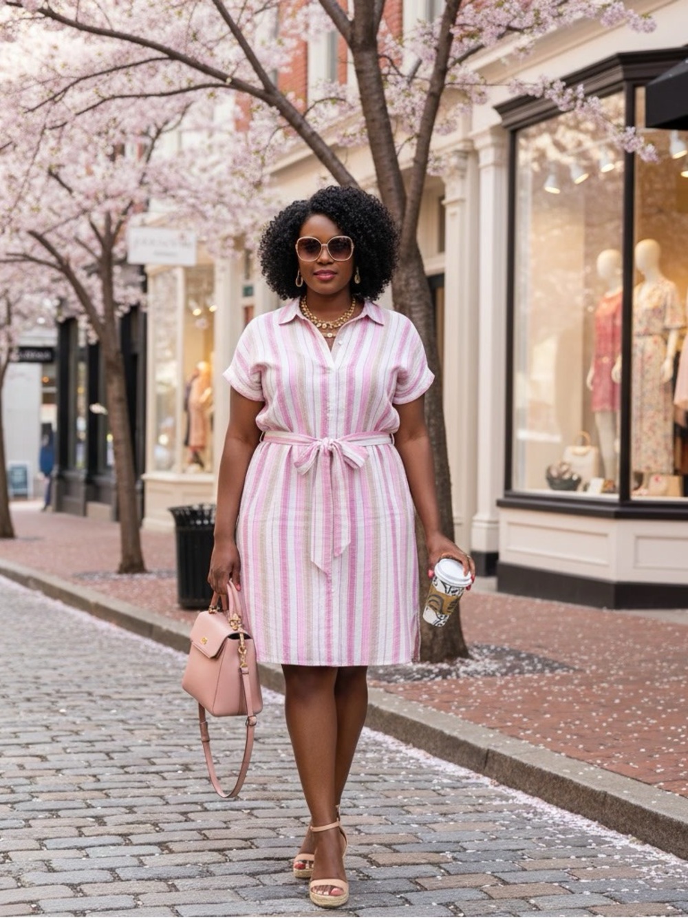 Style & Co Pink Tan Striped Linen Blend Belted Shirtdress NWT XL